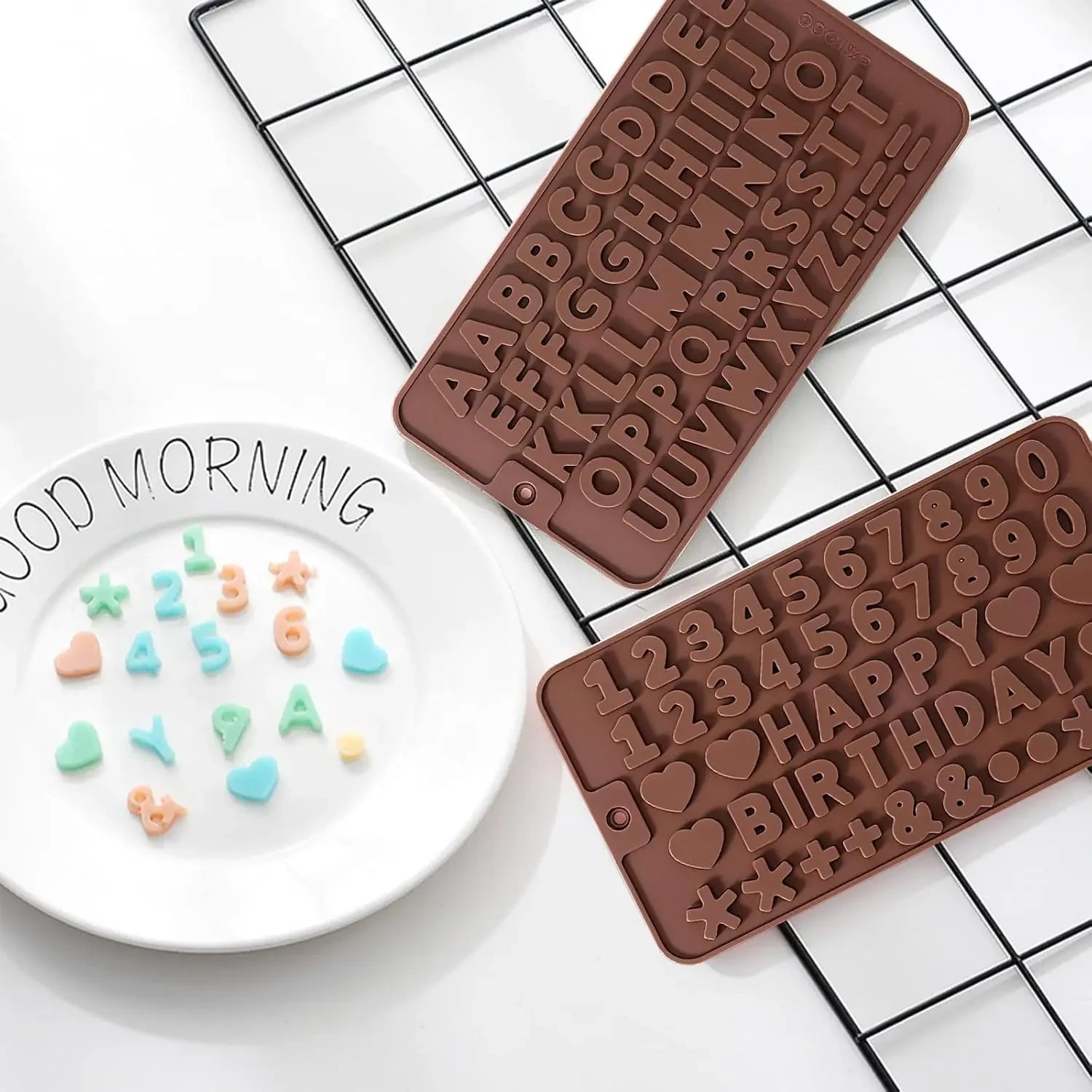 2 pcs Number Chocolate Molds and Letter Silicone Molds,kitchen utensils,with Happy Birthday Cake Decorations Symbols,for Chocolate, Candy, ice cubes,cake cookies (Brown)