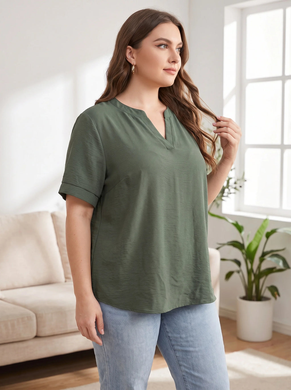 Rosa Fera Plus Size Women V Neck Short Sleeve Loose Fit Solid Color Casual Blouse Top