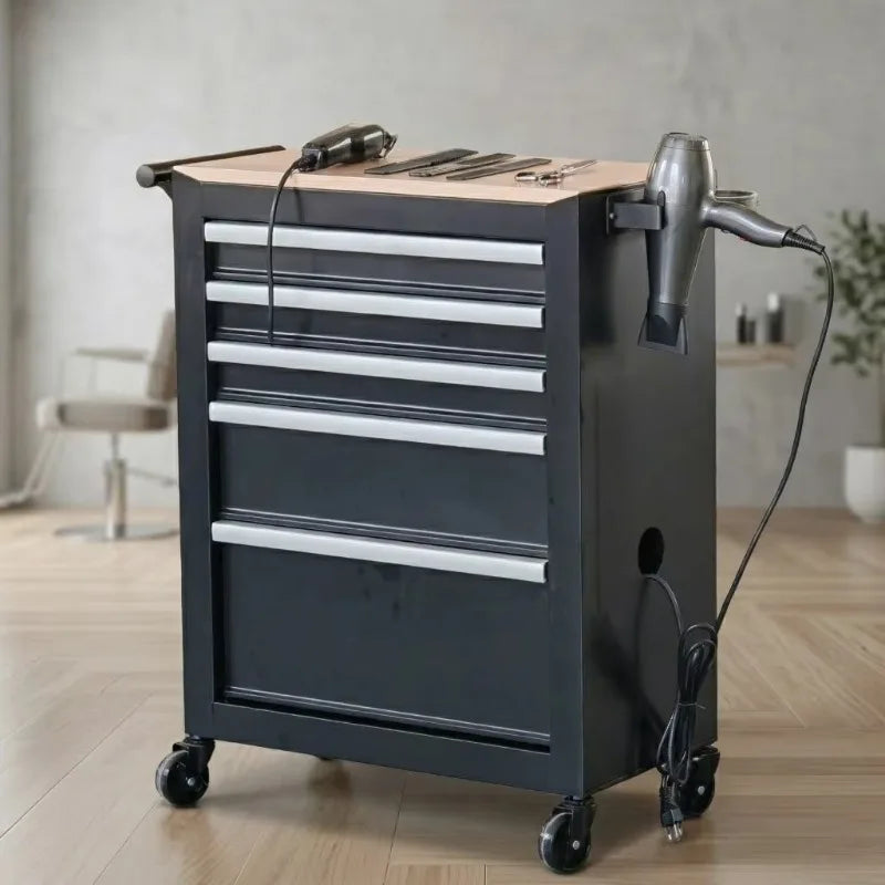 5 Drawer Metal Barber Salon Tool Cabinet Rolling Storage Cart with Socket and Hair Dryer Holder