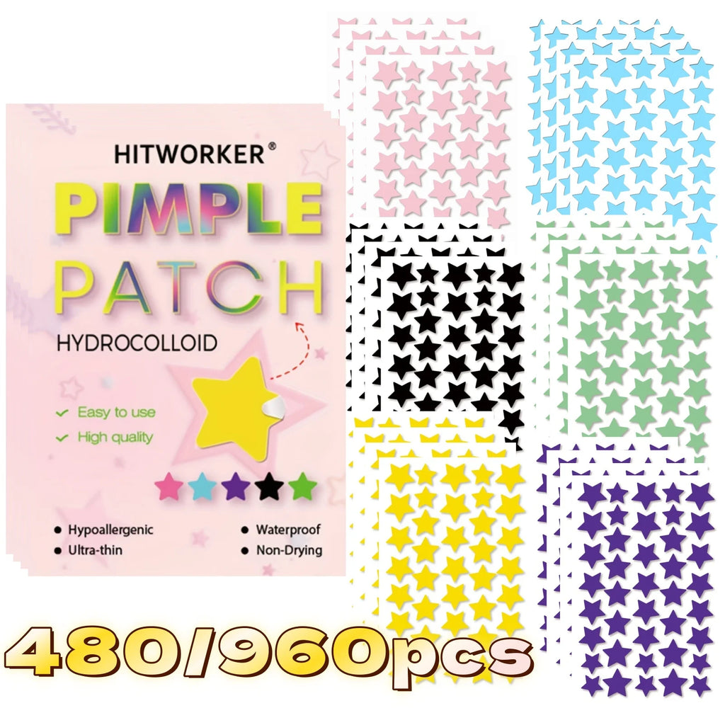 6 Colors 480/960PCS Star-Shaped Hydrocolloid Acne Patches - Cute Star Design, Facial Blemish Coverage