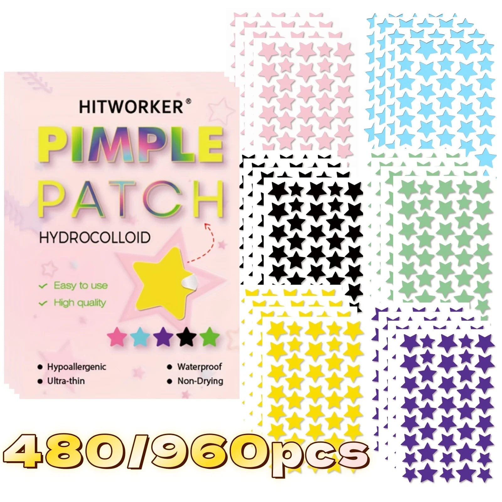 6 Colors 480/960PCS Star-Shaped Hydrocolloid Acne Patches - Cute Star Design, Facial Blemish Coverage