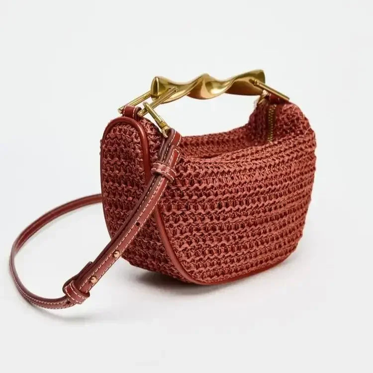 Women's Woven Straw Bucket Bag, Summer Half-Moon Beach Straw Shoulder Bag, Casual Tote Crossbody Purse