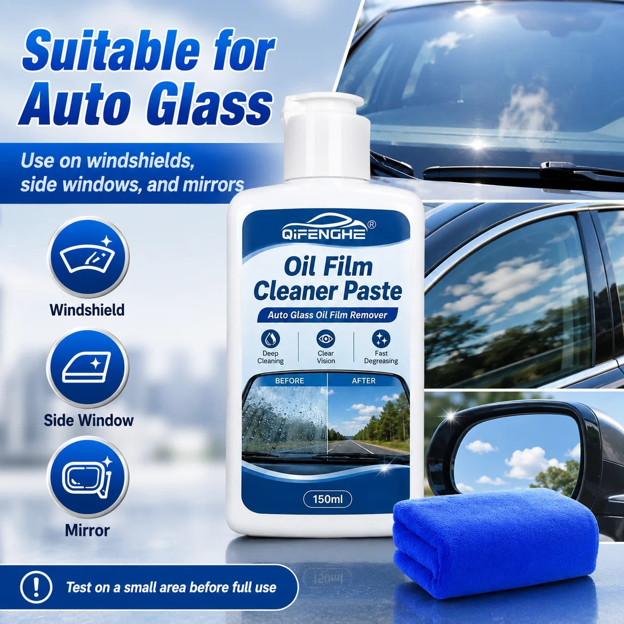 Car Windshield Oil Film Cleaner Paste 150ml QIFENGHE Auto Glass Oil Film Remover Deep Degreasing Clear View with Cleaning Towel