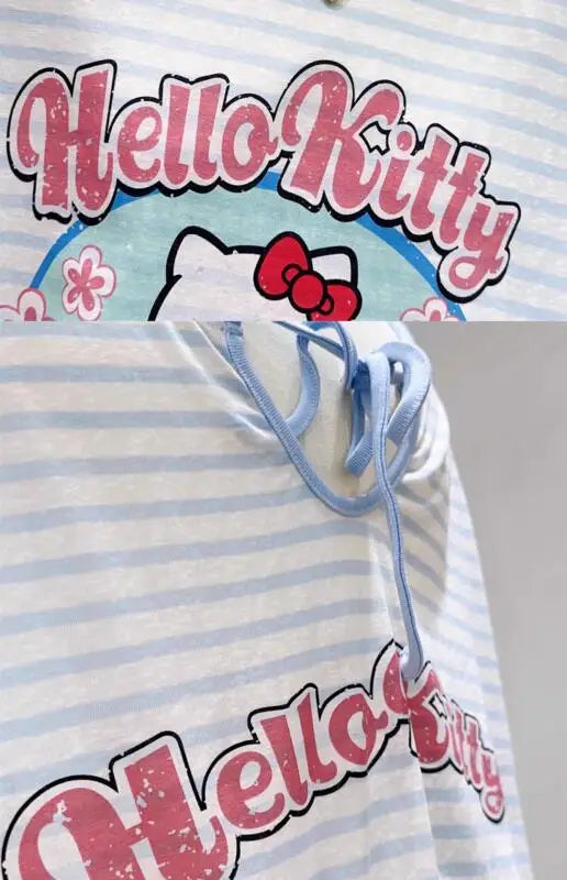 Women's T-Shirt Hello Kitty 2026 Summer Age-Reducing New Style Milk Blue Striped Thin Sunscreen Long-Sleeved Top Versatile Print