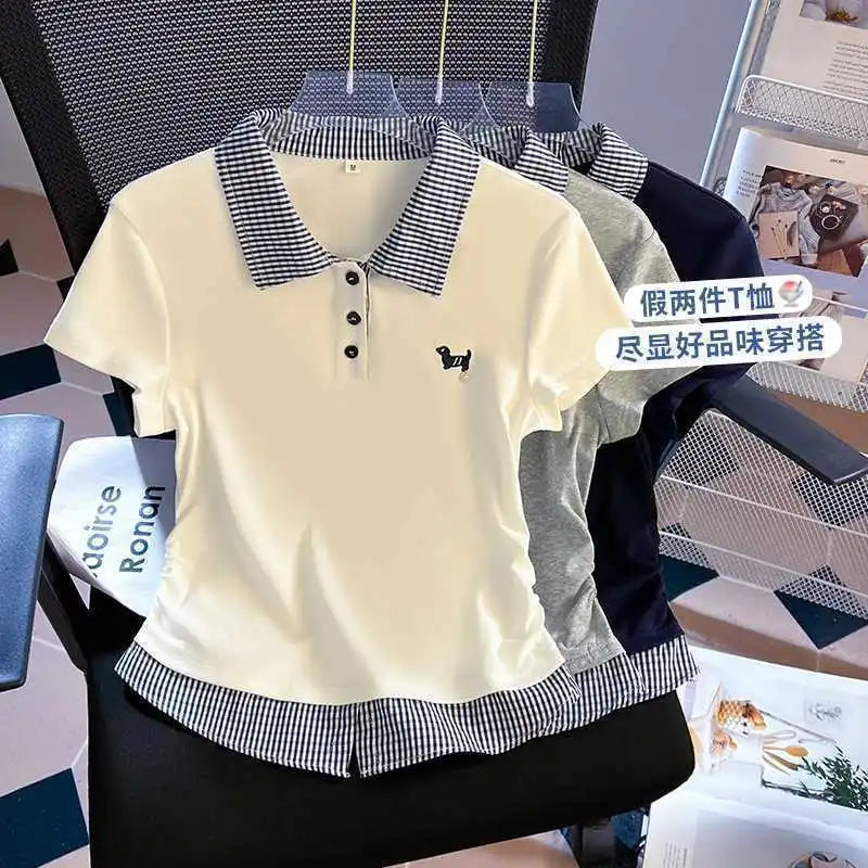 Summer Women's New Loose Casual Commuting Style Pattern Spliced Turn-down Collar Plus Size Short Sleeve T-shirt