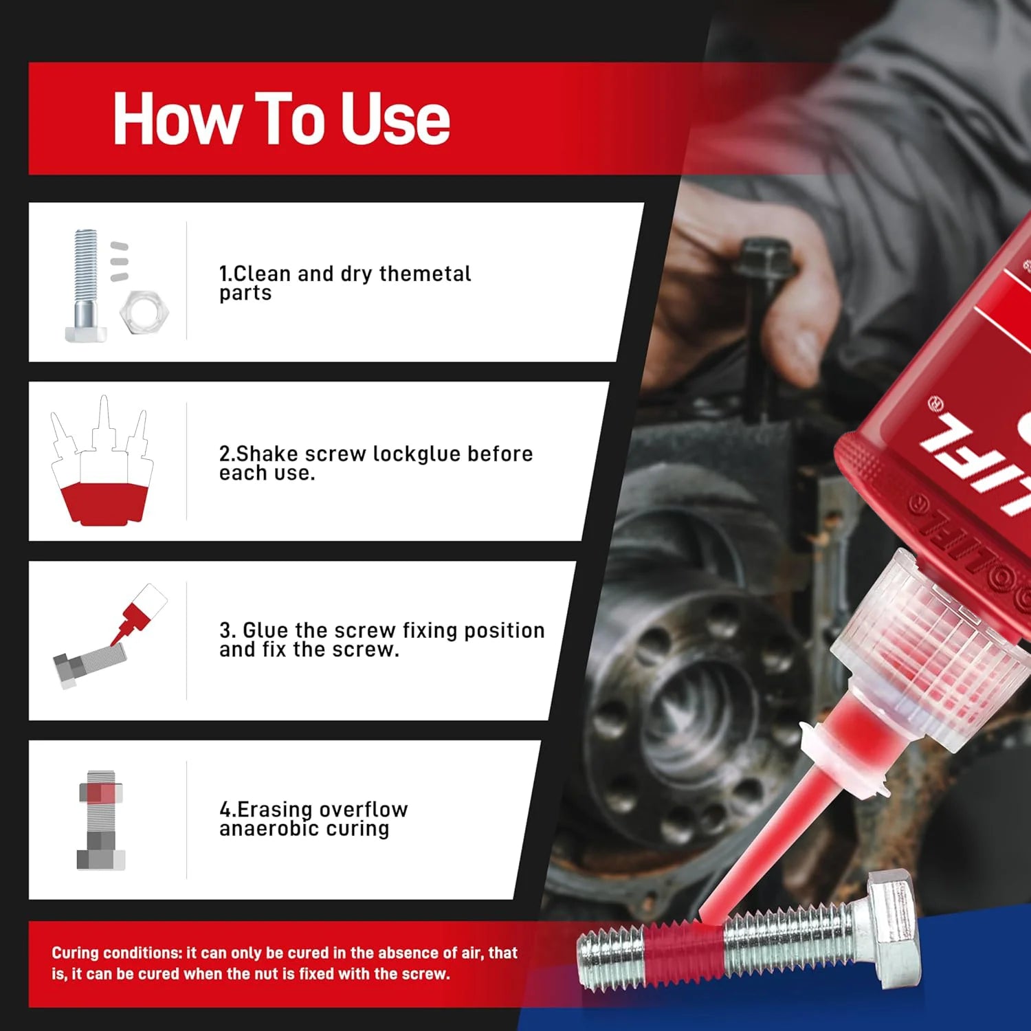 Blue & Red Thread Locker, Medium High Strength Thread Sealant for Nuts Bolts Fasteners Metal Threads, Anti-Loosening Anti-Leak Anaerobic Thread Lock Compound, 50ml×4 Pack Thread Lock Adhesive Glue