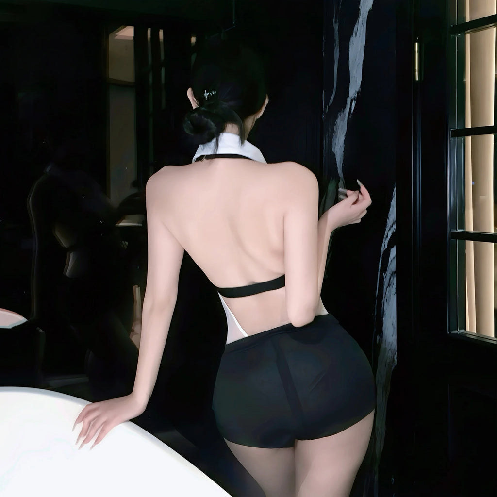 Sexy OL Secretary Cosplay Lingerie Set Deep V Sheer Mesh Sling Outfit Backless Office Uniform for Night Dating Party Wear