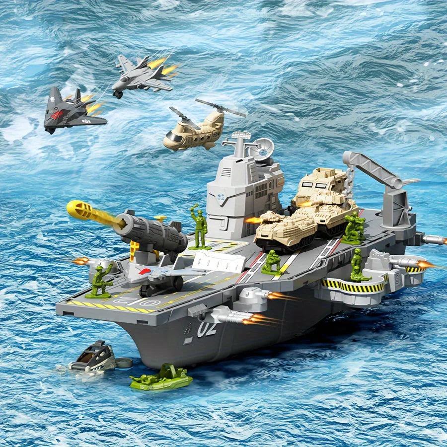Children's Aircraft Carrier Toys Set with Military Action Figures, Aircraft Toys, Military Tanks, Helicopters and Fighter Jets