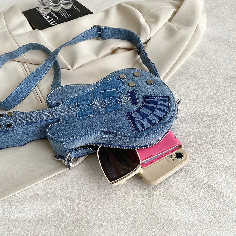 Export New Arrival Denim Guitar Bag, Indie Rock Grunge Shoulder Bag, Niche Fashion Statement, Instagram-Ready Unisex Purse