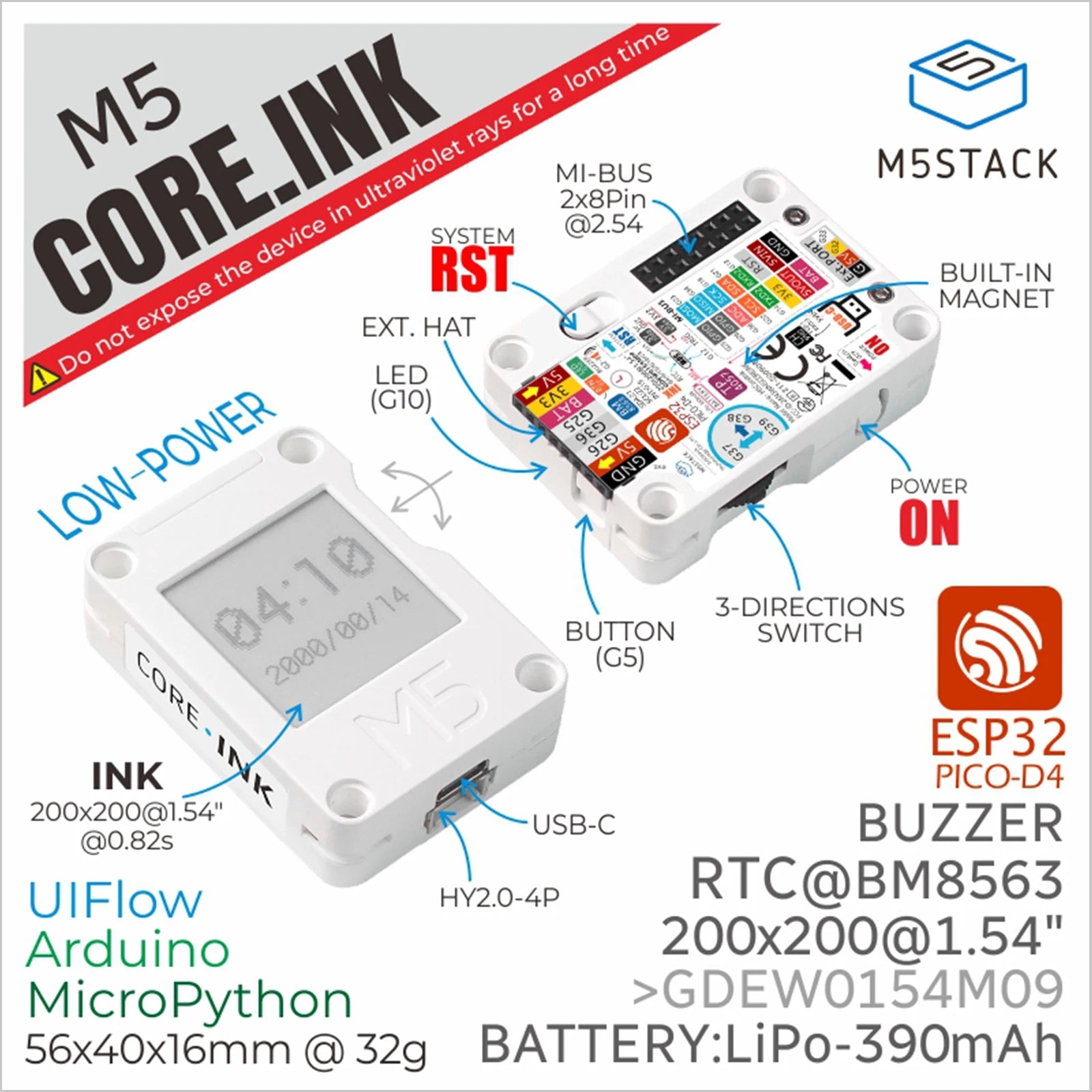M5Stack Official M5Stack ESP32 Core Ink Development Kit(1.54'' Elnk Display)