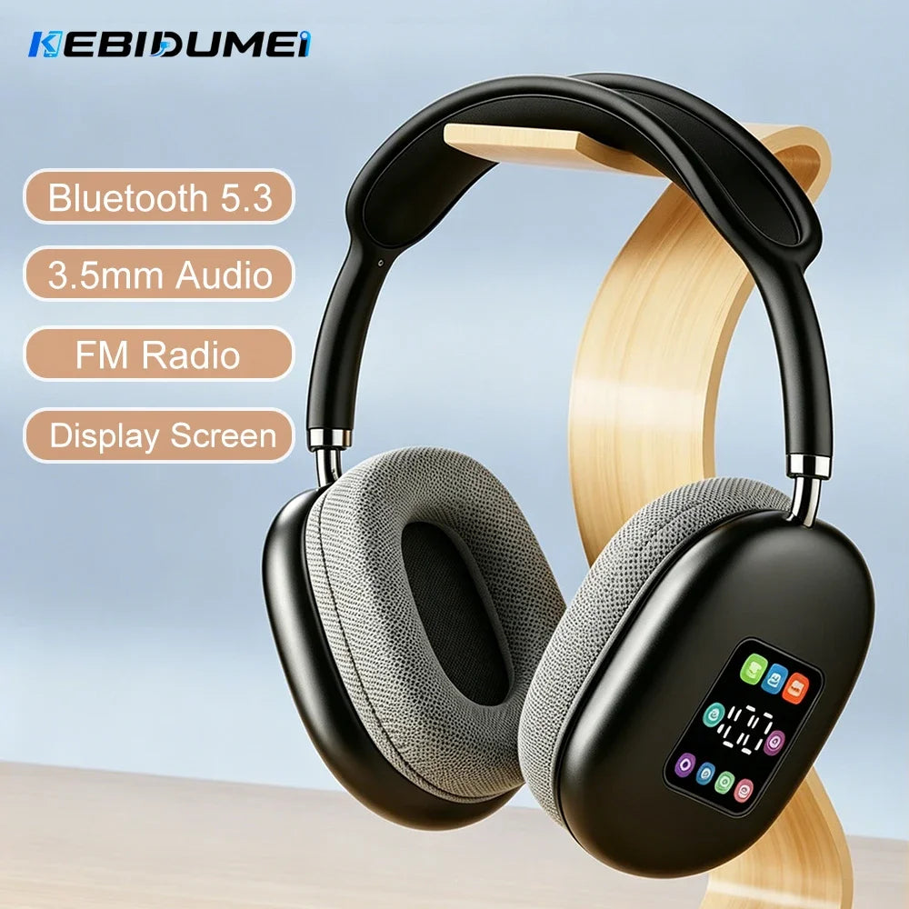 KEBIDUMEI Bluetooth 5.3 Headphones with LCD Screen Noise Cancellation Wireless Headsets with FM Radio 3.5mm Over Ear Earphones