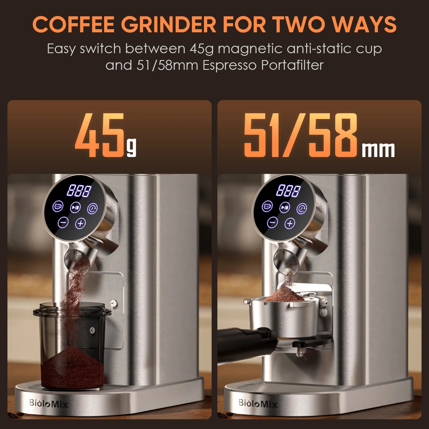 BioloMix Automatic Burr Mill Electric Coffee Grinder CG210 with 48 Grind Settings Adjustable for Espresso American Coffee