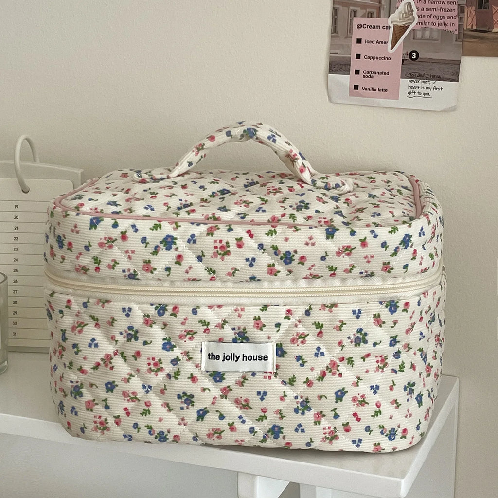 3pcs Floral Clutch Bag Flower Quilting Cotton Makeup Bag Women Zipper Cosmetic Organizer Handbag Portable Toiletry Case for Girl
