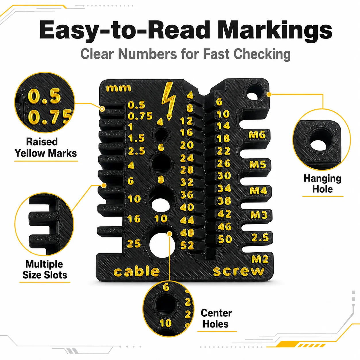 Screw & Cable Size Gauge, Metric Thread Measuring Tool for M2-M6 Screws & Wire Cables, Compact DIY Toolbox Tool