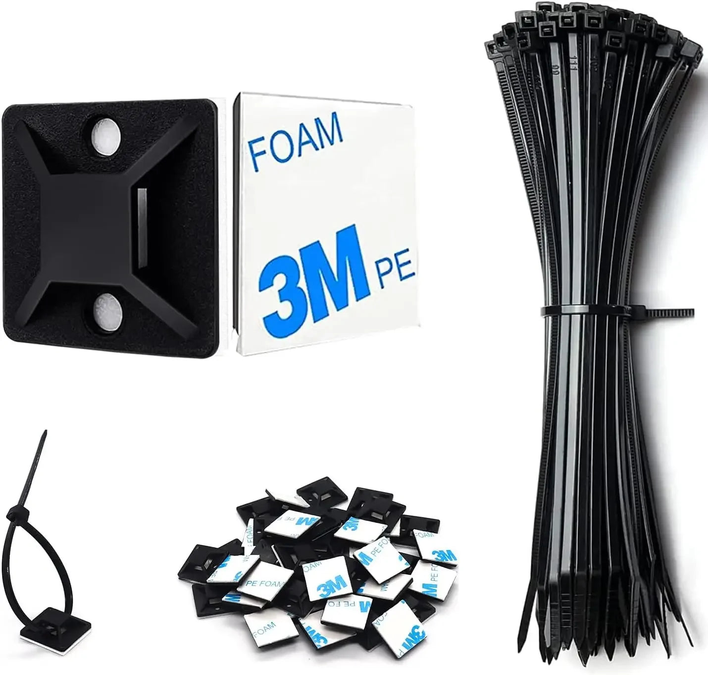 Self-locking Plastic Nylon Tie + Nylon Square Plastic 3M Self Adhesive Wire Zip Fixed Seat Holder Cable Tie Mount Base