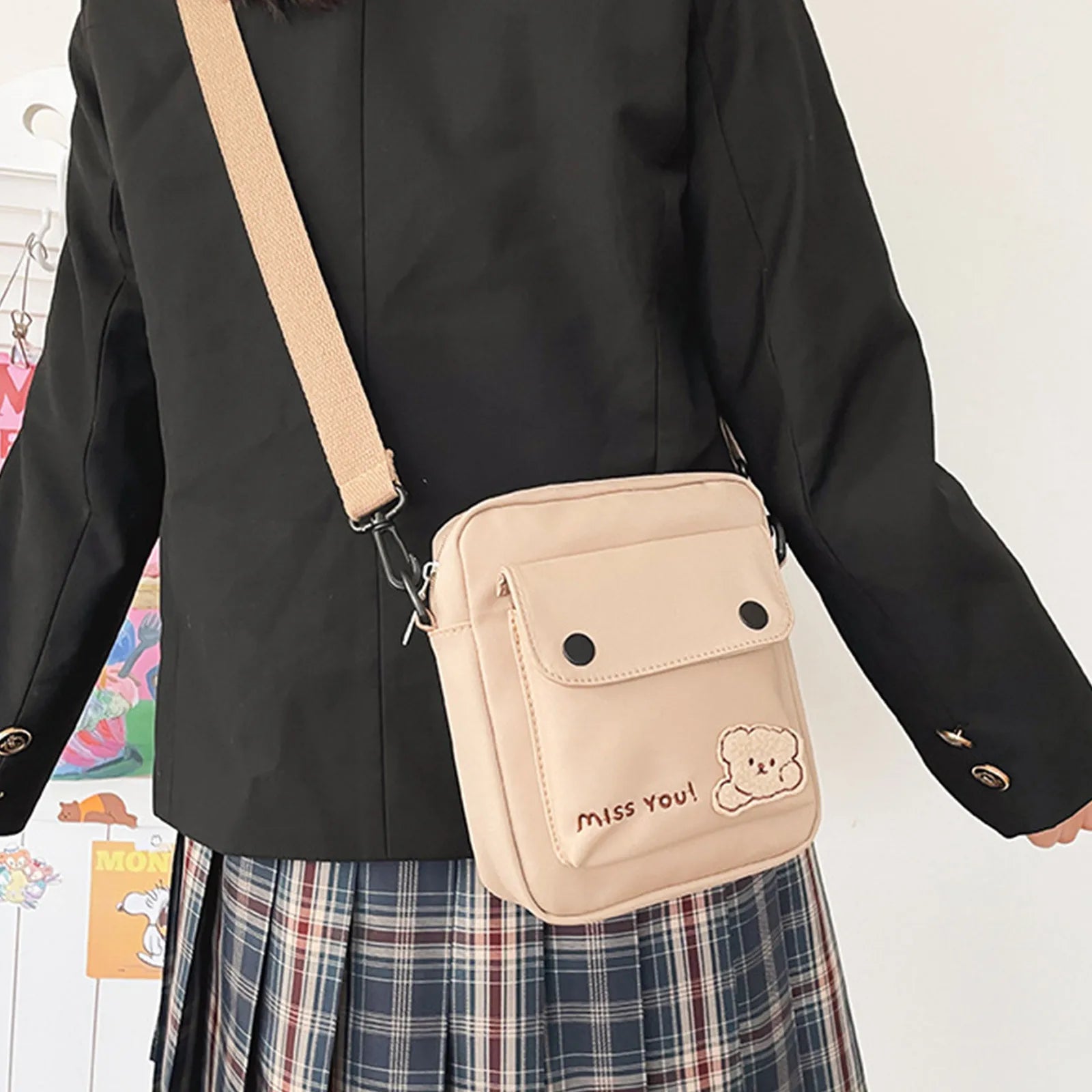 Kawaii Backpack Women'S Cute Versatile Cartoon Bear Canvas Bag College Student Crossbody Bag Backpack Shoulder Bag Purses