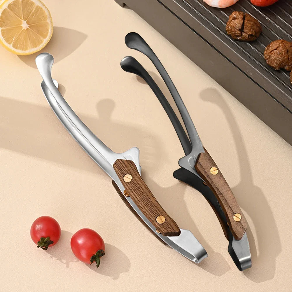 Stainless Steel Outdoor Retro Barbecue Clip Wooden Handle Grilled Meat Clip Pan Fried Steak Heat Resistant Kitchen Food Clip New