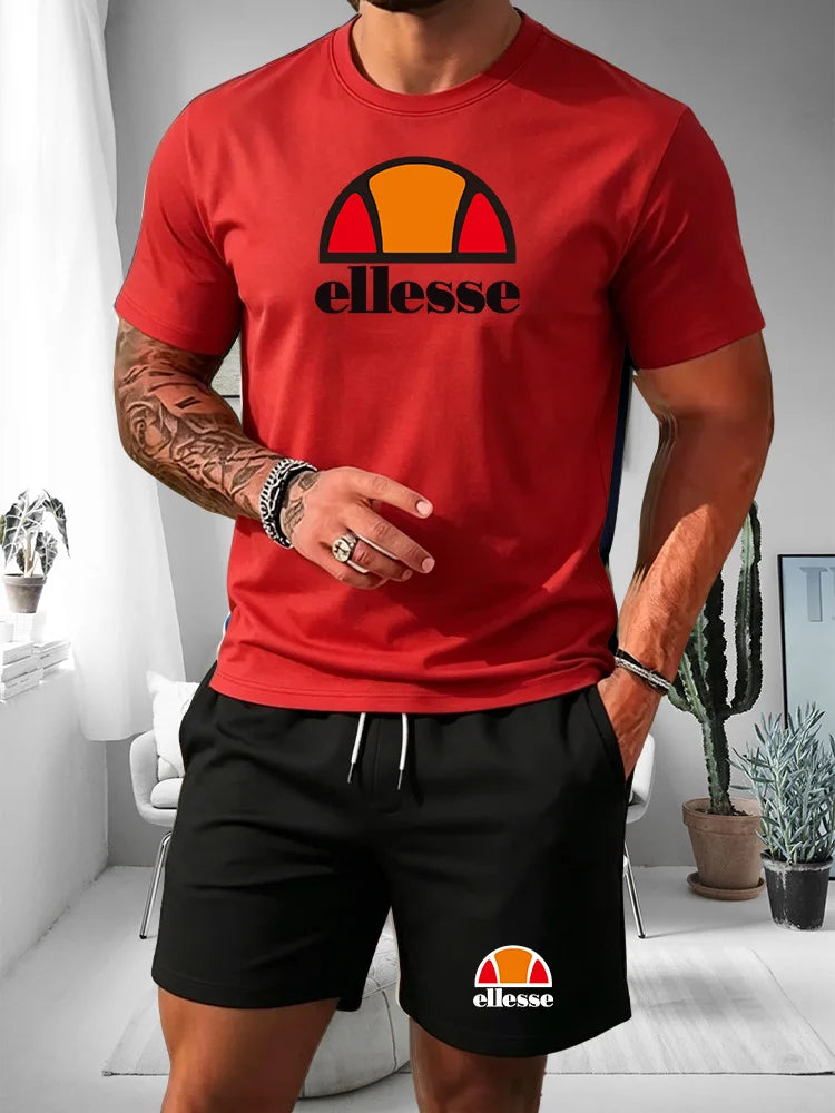 2026 Summer New Men's Fashion Outdoor Sports Set Printed Short Sleeve T-shirt+Shorts Loose Home Leisure Two Piece Set