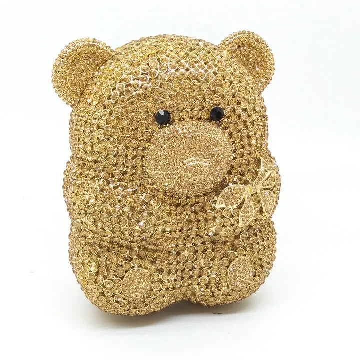 Boutique De FGG Brown Crystal Teddy Bear Evening Clutch Bags for Women Wedding Party Mini Minaudiere Purses and Handbags