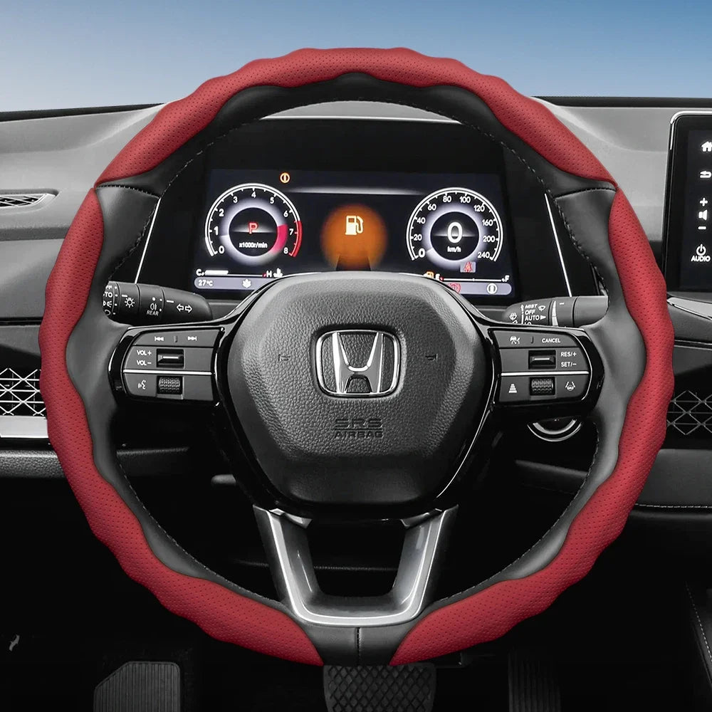 Steering Wheel Cover Suitable for Honda, Wave-Shaped Sporty Design, Breathable Leather, Segmented Design, Non-Slip