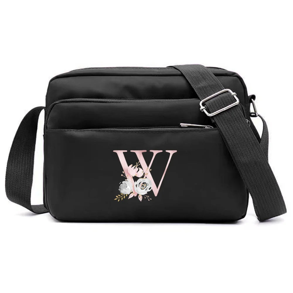 New Simple Black Storage Bag Multi-layer Travel Leisure One Shoulder Crossbody Bag Pink Flower Letter Series Printing Pattern