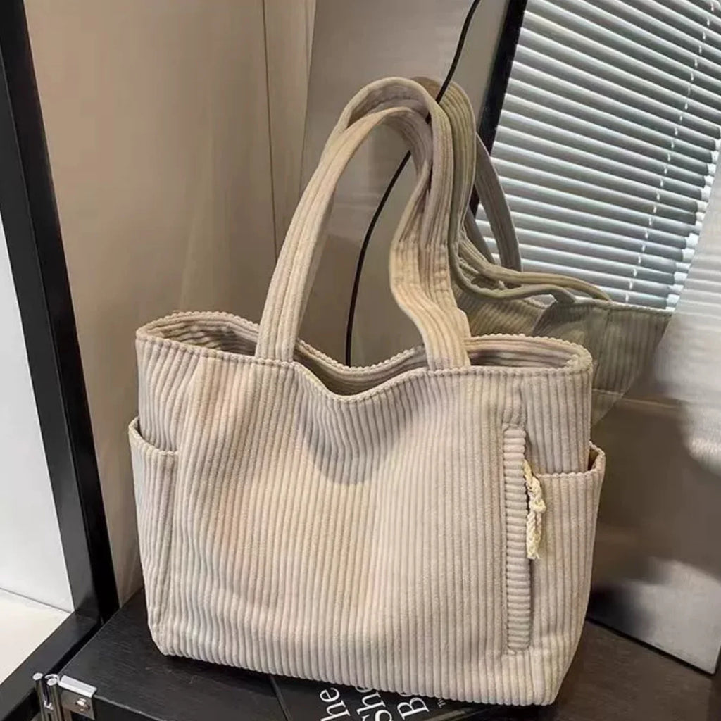 Large Corduroy Tote Bag for Women Everyday Shoulder Bag with Pockets and Zipper for Work Travel Vacation