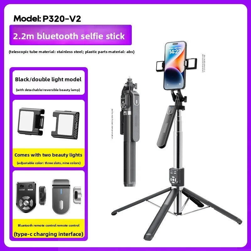 P320 Long Stainless Steel Selfie Stick, 4-Leg Bluetooth Phone Tripod Stand with Dual Remote for Live Streaming and Photography