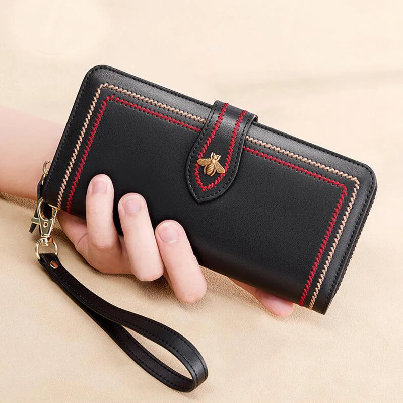 Genuine Leather Wallets Women Clutch Female Purses Long Money Bag Zipper Coin Bee Luxury Brand Wristlet Phone Hasp Card Holder