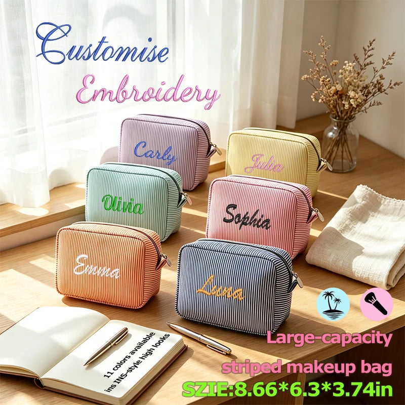 Customised Embroidery/Standard Style 2 Options, High-Look Striped Clutch, Large Capacity Makeup Bag, Back-to-School Season! Gift