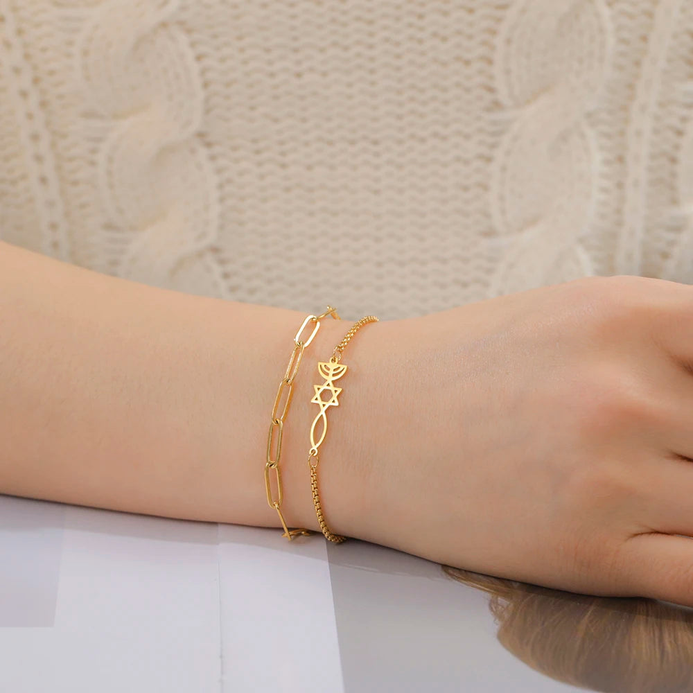 Dawapara Messianic Seal of Jerusalem Bracelet Jewish Star of David Menorah Religious Judaism Hanukkah Gifts Stainless Steel