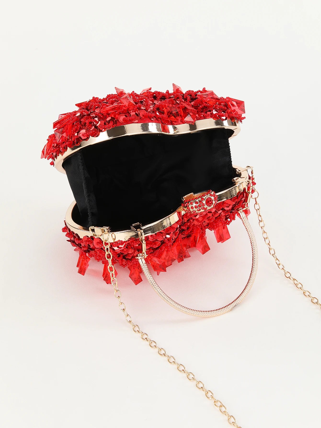 mini Hand-beaded sequin hand crossbody evening bag with red heart shape knucklebox bag for party，wedding and dinner