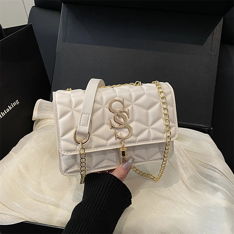 Fashionable Small Fragrant Style Argyle Quilted Small Square Bag Metal Letter Tassel Diagonal Cross Bag Commuter Shoulder Bag