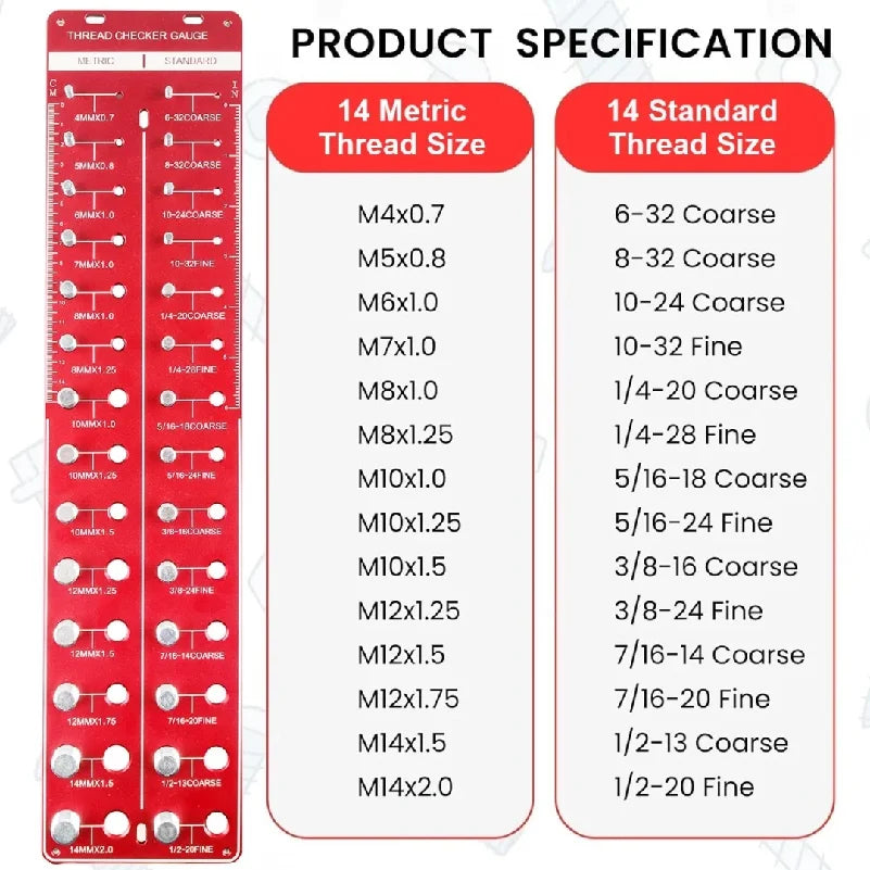Thread Checker – Rustproof Nut and Bolt Identifier Gauge with SUS304 Bolts & 6061 Aluminum Base – for Metric & Standard Thread