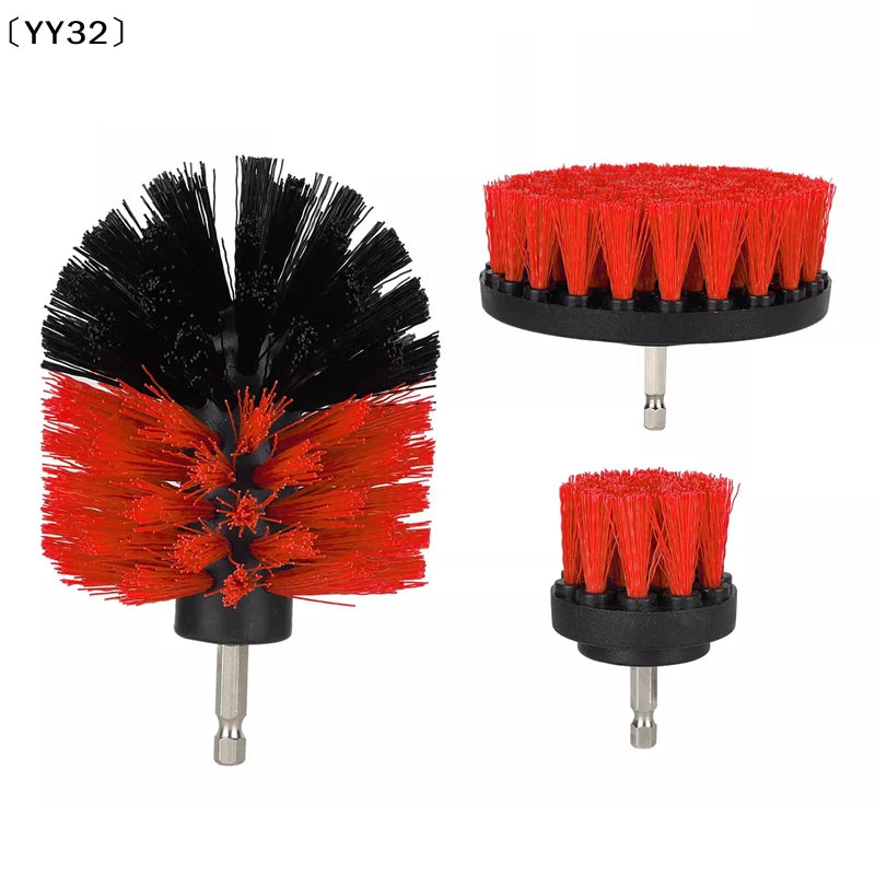 3Pcs Electric Scrubber Brush Drill Brush Kit Red Plastic Round Cleaning Tools For Carpet Glass Car Tires Nylon Brushes〔YY32〕