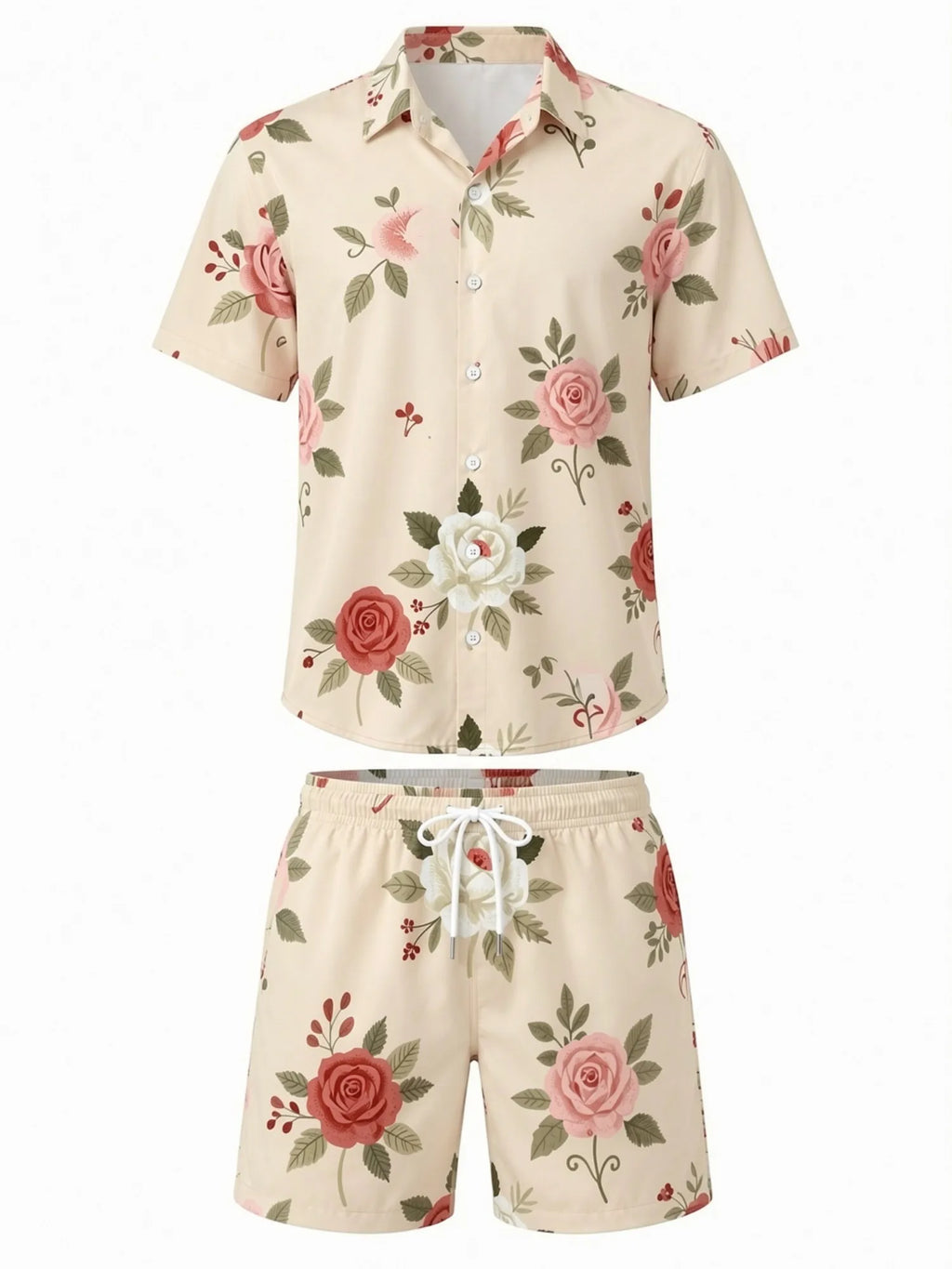 Mens Floral Short Sleeve Shirt and Drawstring Shorts Set Beach Vacation Matching Summer Two Piece Casual Beach Outfit Resortwear