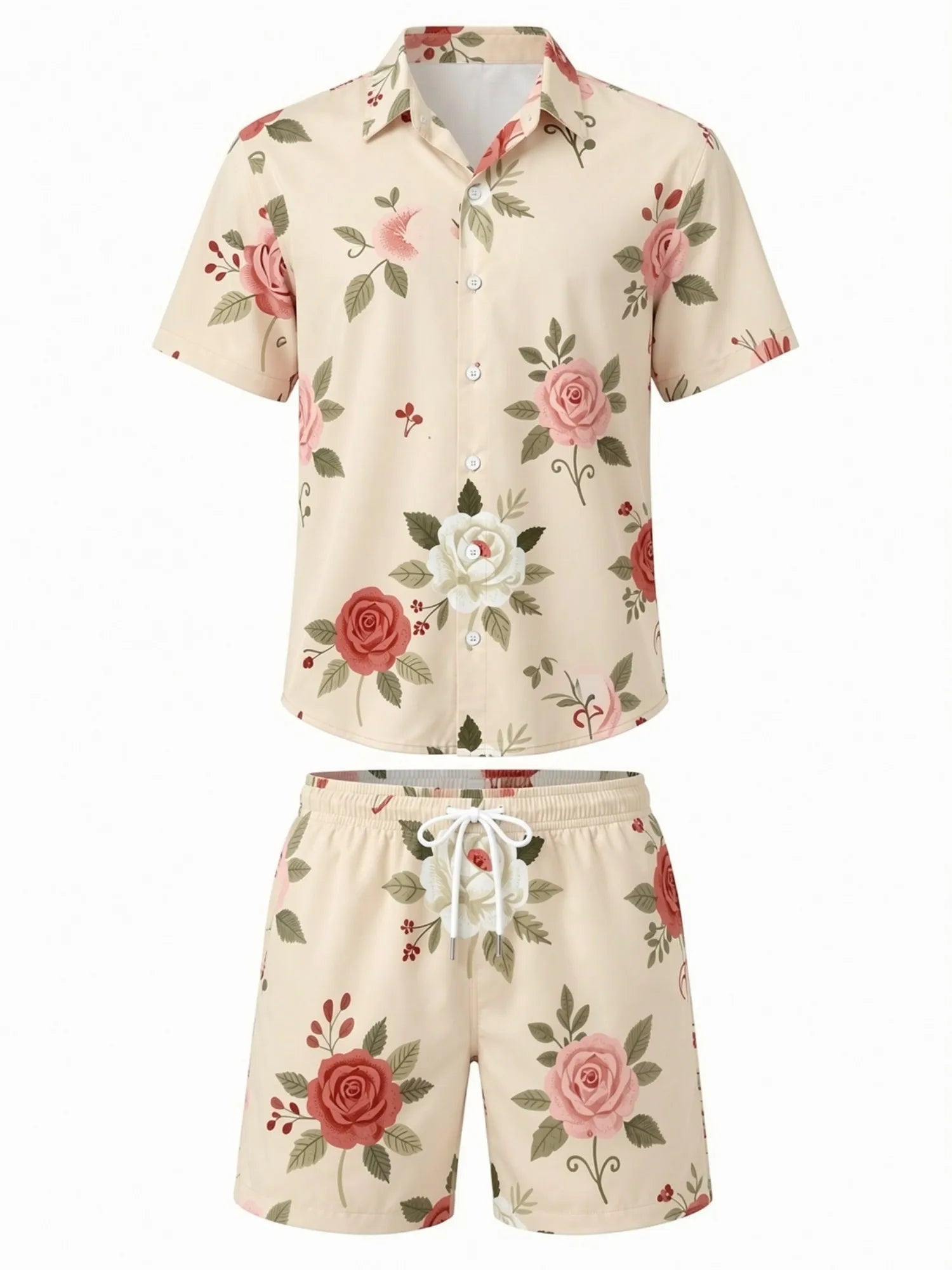 Mens Floral Short Sleeve Shirt and Drawstring Shorts Set Beach Vacation Matching Summer Two Piece Casual Beach Outfit Resortwear