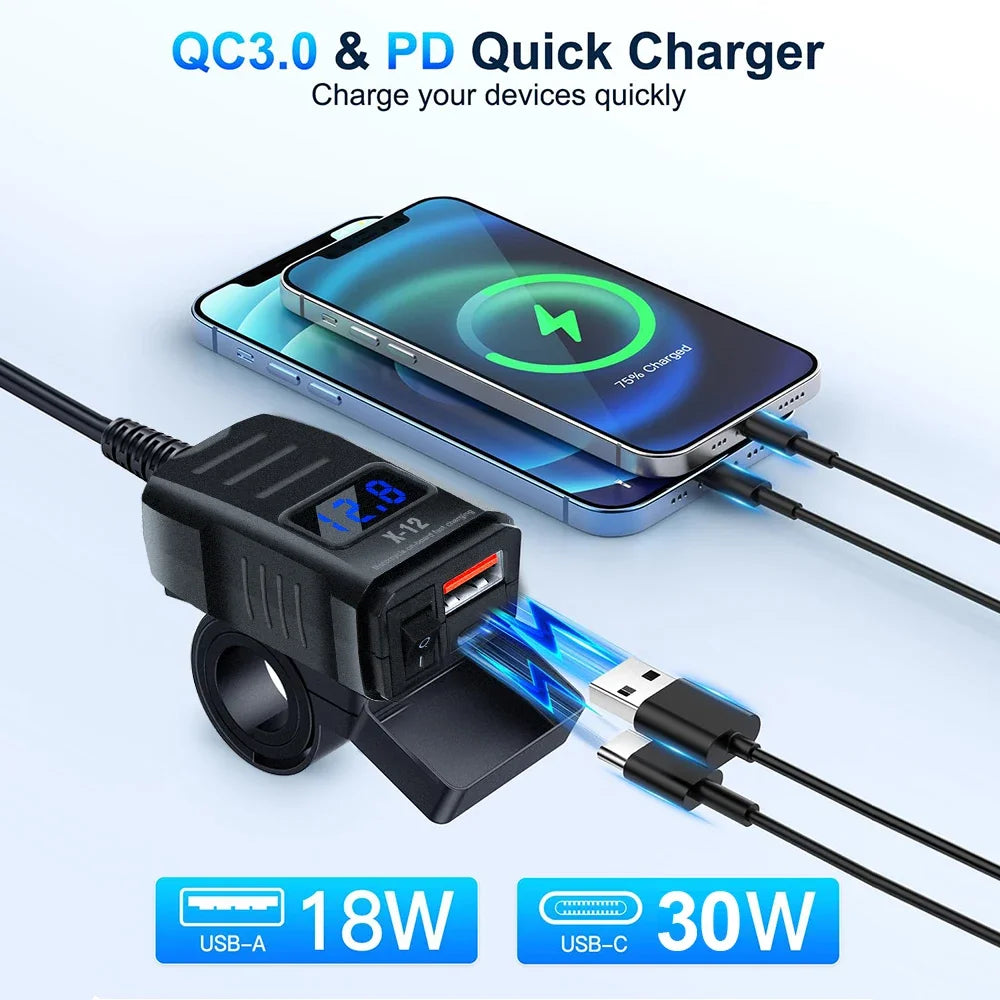 Motorcycle Vehicle-Mounted Charger Waterproof Adapter 12V-24V Phone USB PD Ports Quick Charge 3.0 With Switch Digital Voltmeter