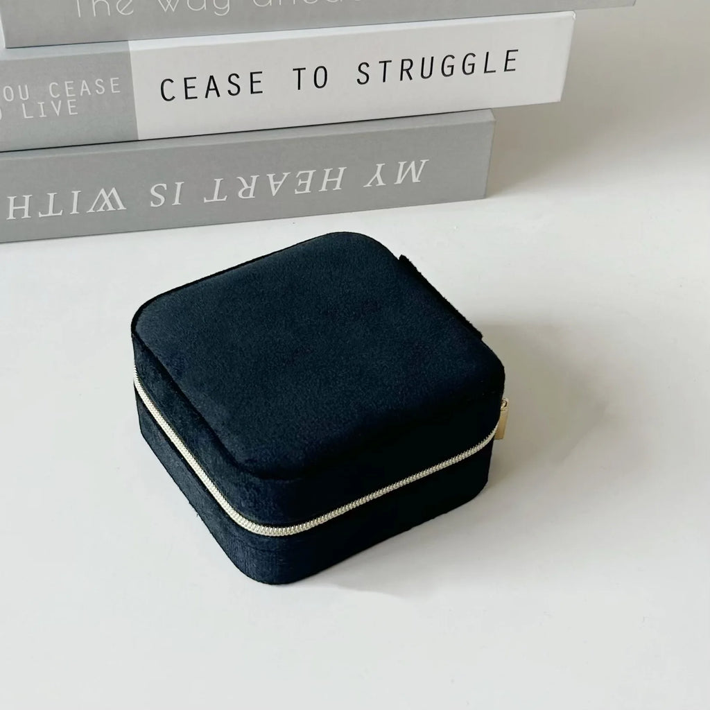 Portable Mini Velvet Travel Jewelry Box,Compact Zippered Organizer with Mirror for Rings Earrings On-the-go,Velvet Jewelry Case