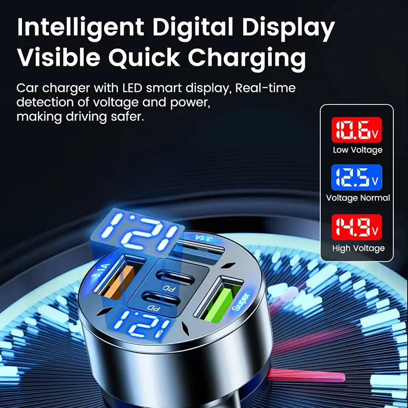 100W 5-Port USB C Car Charger Fast Charging Adapter with LED Voltage Monitor 3 USB-A 2 PD Ports For Android Devices For iPhone
