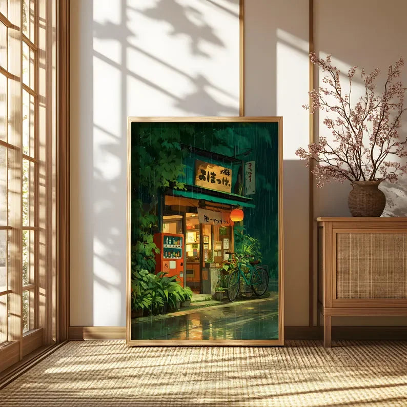 Anime Cafe Shop and Bicycle Canvas Poster Ghibli Work Anime Style Street Cafe Scene Wall Art Printing for Living Room Home Decor