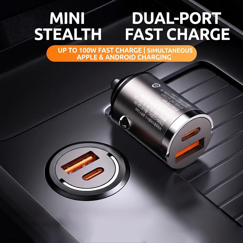 Stealth USB C Car Charger Dual Port PD QC 3.0 Fast Charging Adapter Flush Mount Metal Car Charger Plug For iPhone 17 16 Pro Max