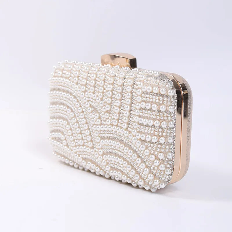 Ladies Pearl Elegant Evening Bag Fashionable Stylish Beading Wedding Dinner Party Banquet Dress Clutch Bag with Long Chain