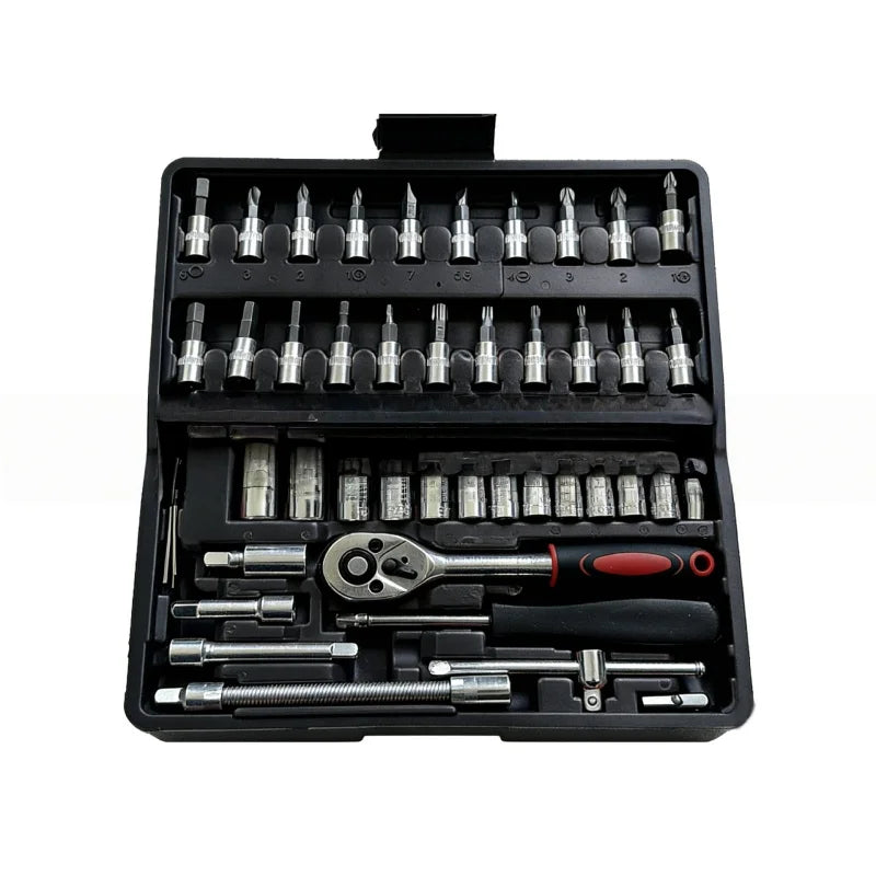 46 Pieces 1/4 Inch Metric Ratchet Socket Wrench Set with Extension Bar, Portable Repair Tools for Auto & Household Use