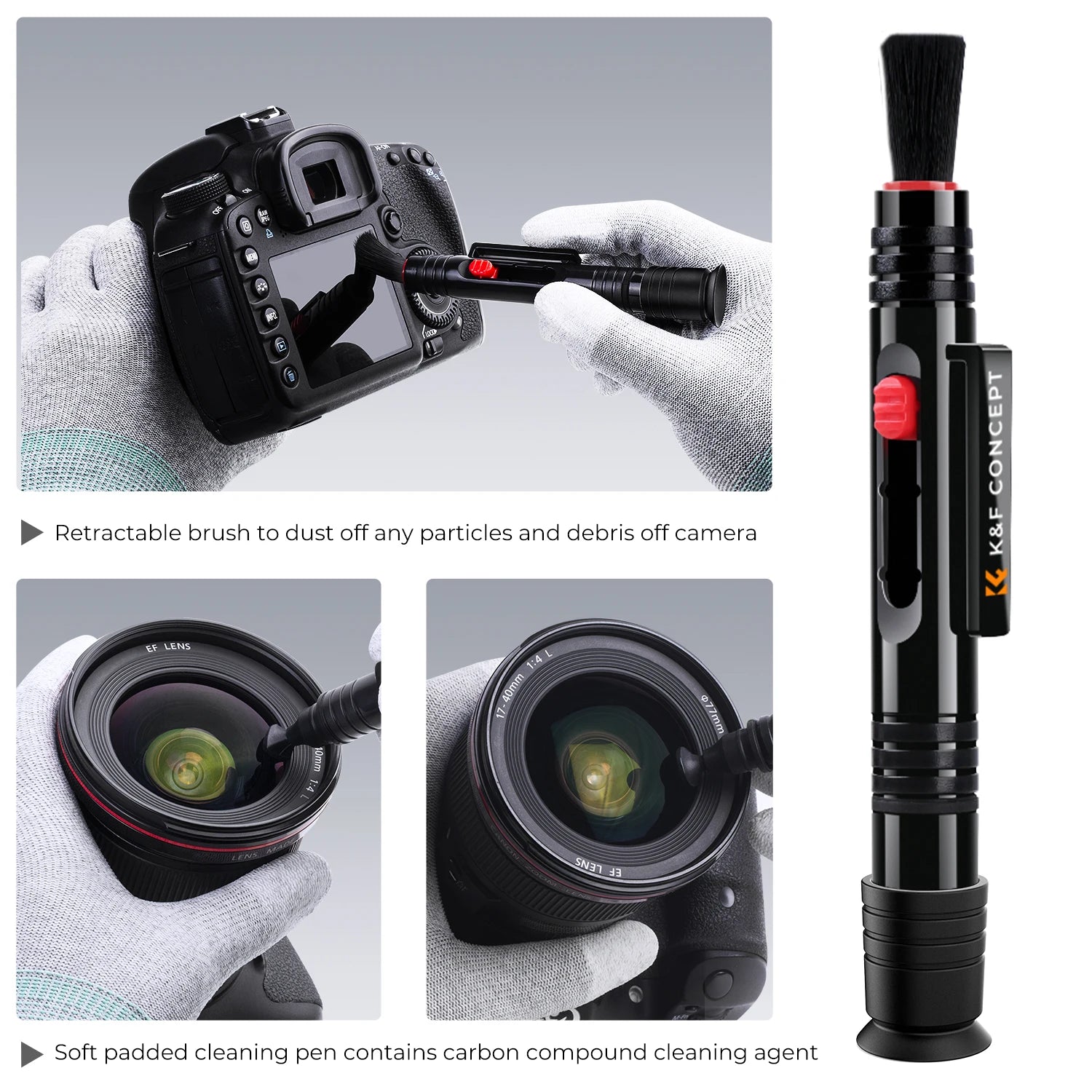 K&F CONCEPT Professional Lens Cleaning Pen with Soft Brush Carbon Head Bottom Sucker Lens Cleaning Pen for Canon Nikon Sony Fuji