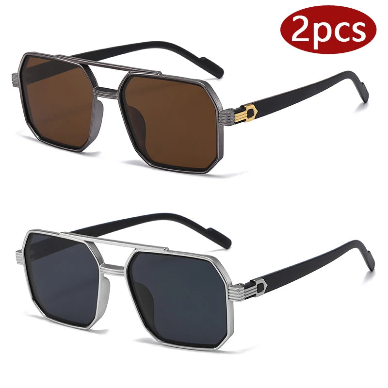 Hiking 2pcs Trendy Metal Polygonal Pilot Anti Light Glasses Luxury Double Beam Men Eyewear Outdoor Driving Shade Sunglasses