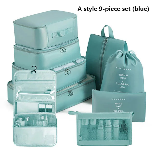 9Pcs Travel Packing Cubes Set Waterproof Luggage Organizer with Drawstring Pouches for Clothes Shoes Cosmetics Underwear - Suitc