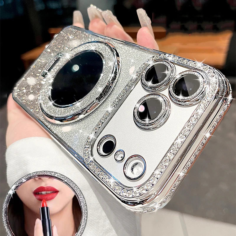 Luxury Diamond Clear Glitter For Magsafe Case For iPhone 17 16 15 14 13 12 11 Pro Max Air Mirror Magnetic Holder Stand Cover