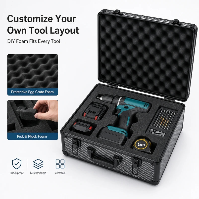 Heavy Duty Aluminum Tool Case with Foam Insert, Lockable Portable Storage Box for Mechanics, Electricians & Power Tools