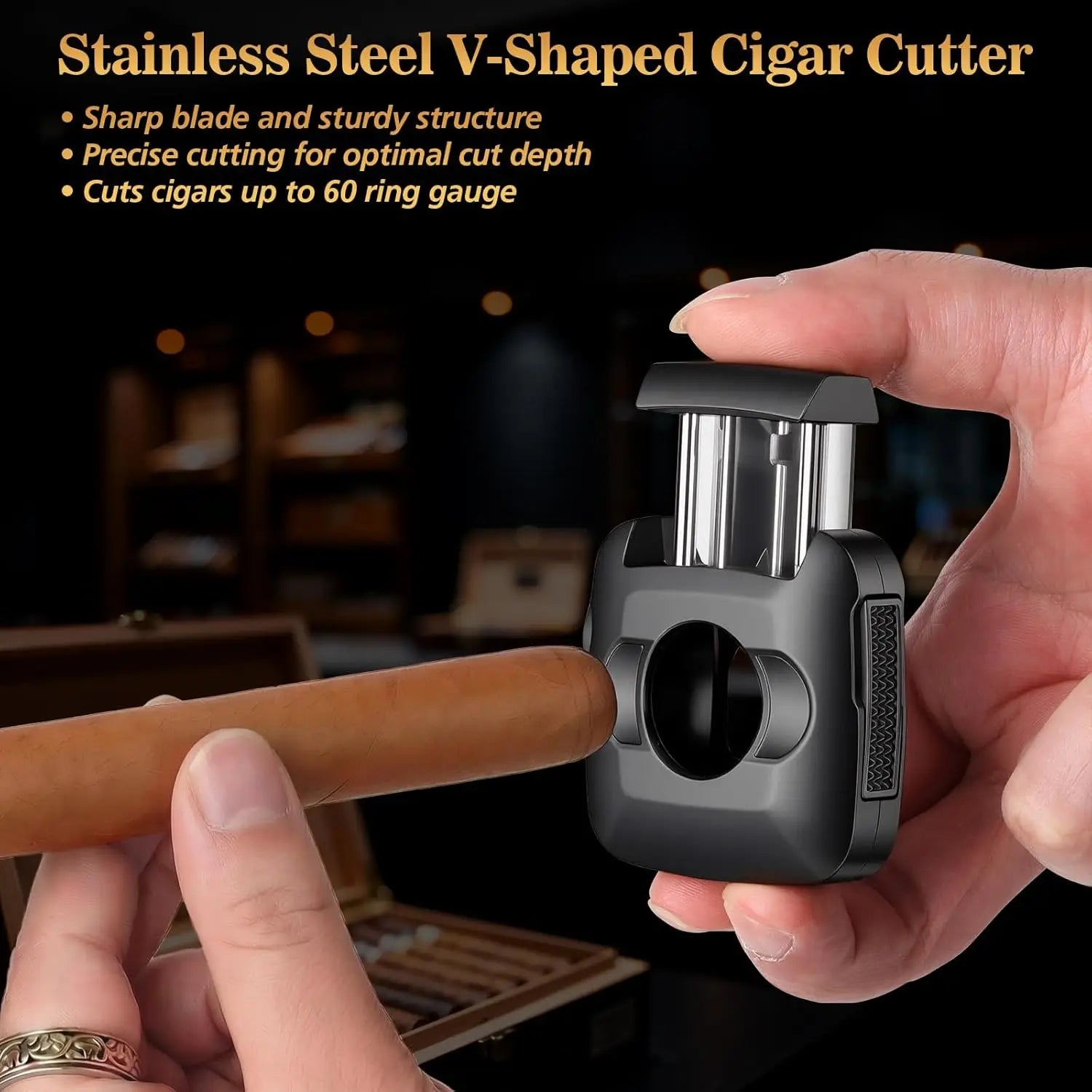 Cigar Cutter,Stainless Steel V/S-Shaped Cutter,Multifunctional Cigar Guillotine with Punch,Cigar Holder and Dual-Pin Ash Holder