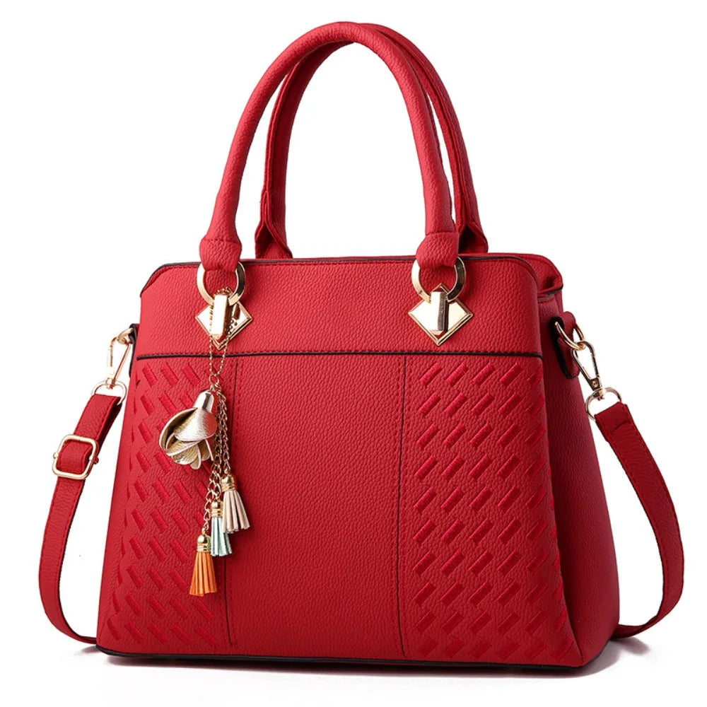 Casual PU Leather Shoulder Bags with Pendant Solid Color Ladies Handbags Large Capacity Embossed Crossbody Bag